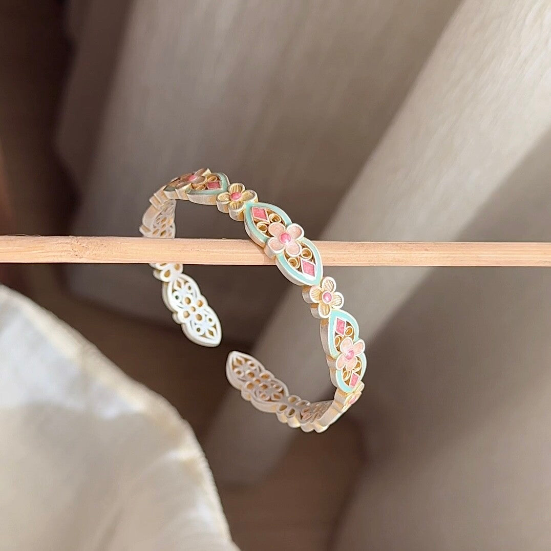 Chinoiserie Enamel Colorful Flower Silver Bracelet