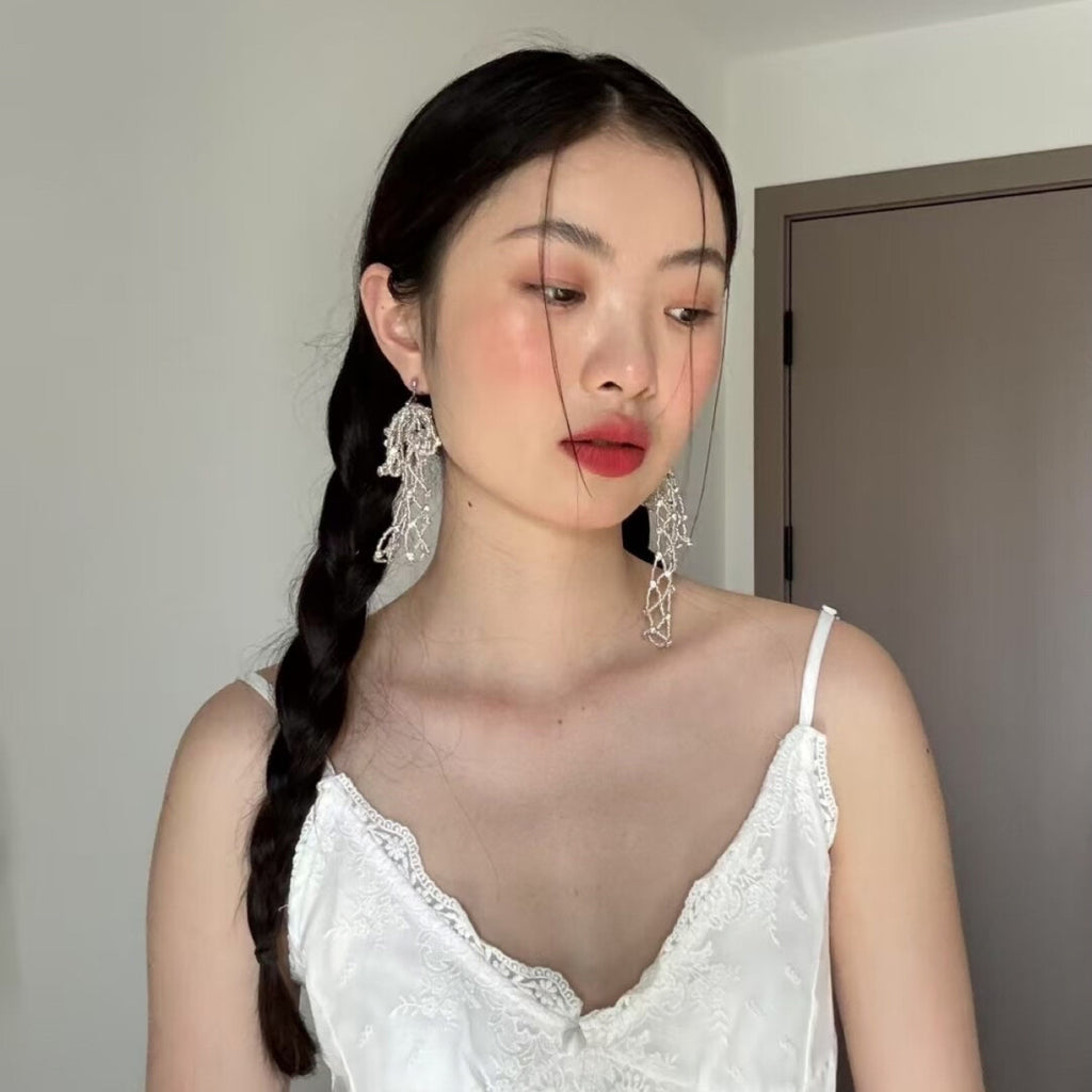 Princess Party Beaded Silver Tassel Earrings,Lumivault.