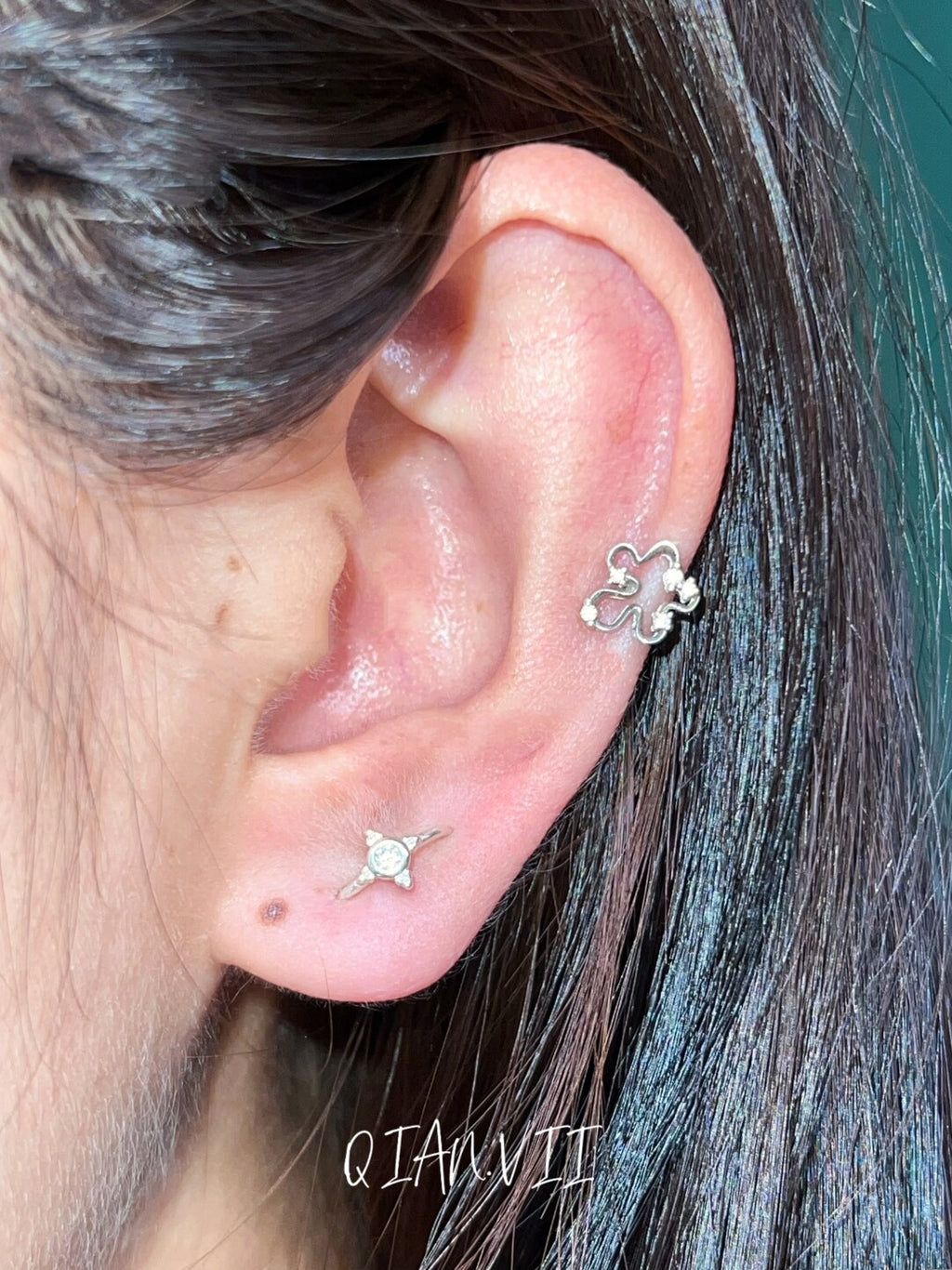 Double Piercing Silver Star Single Earring,Lumivault.