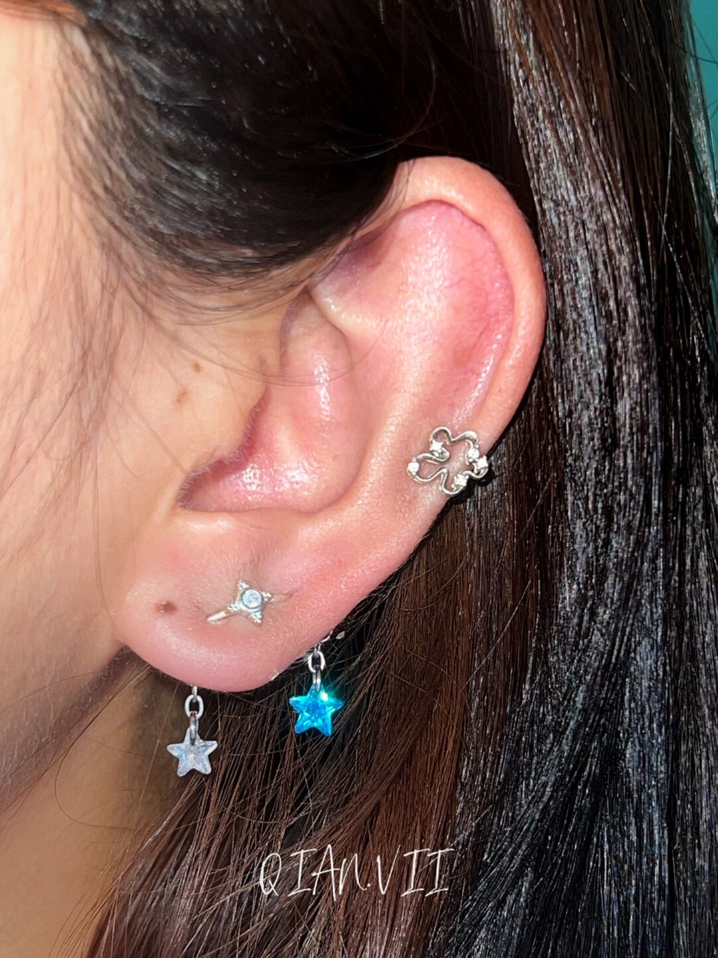Double Piercing Silver Star Single Earring,Lumivault.