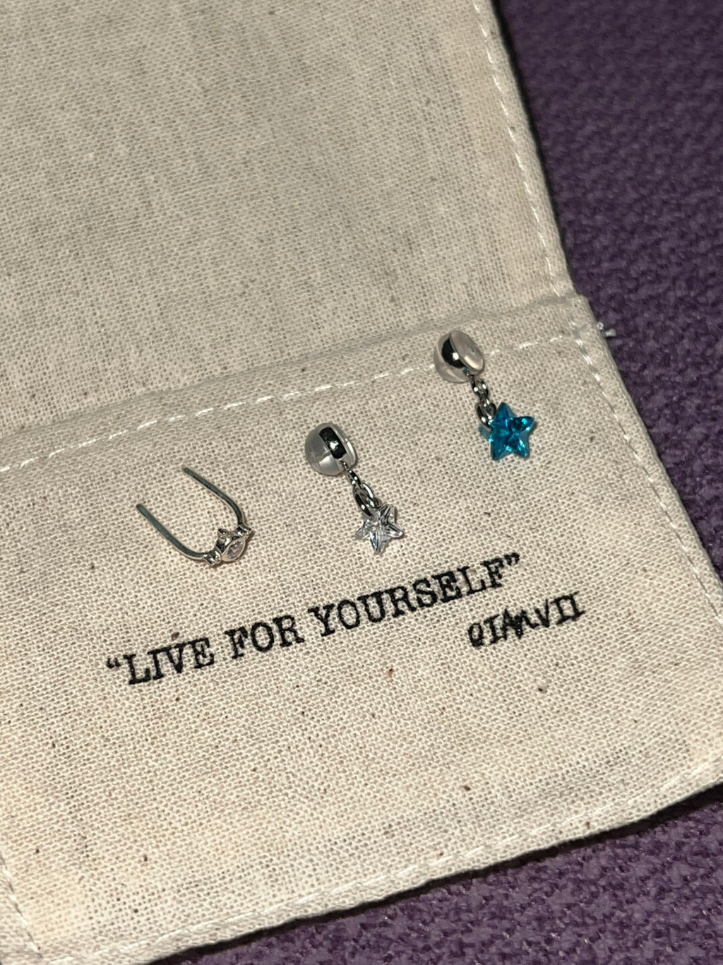 Double Piercing Silver Star Single Earring,Single Stud Earrings + Blue And White Stars + Two Earplugs,Lumivault.