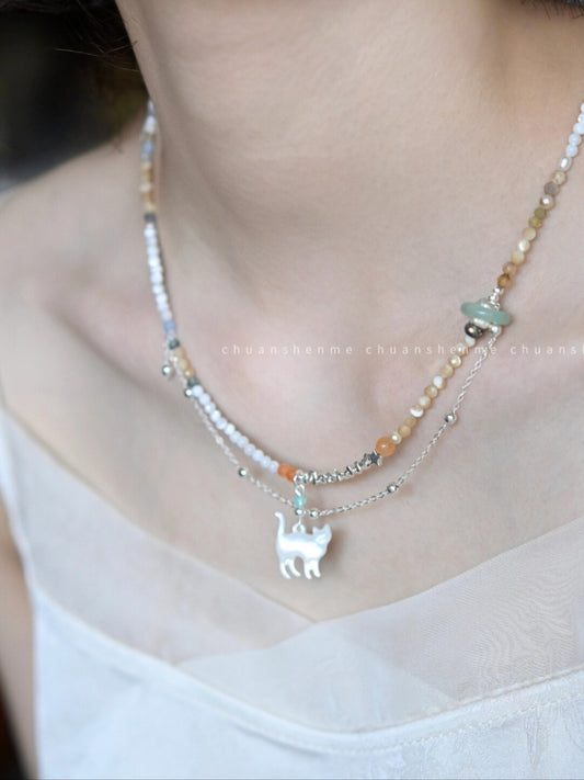 Cosmic Kitten Shell Beaded Silver Necklace,Lumivault.