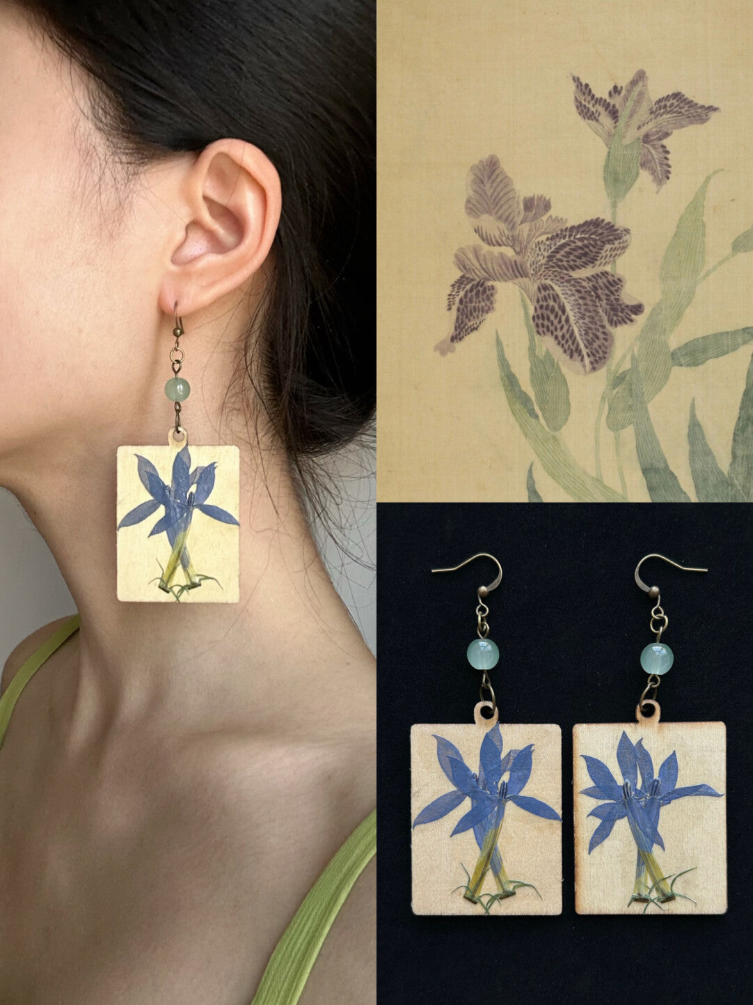 Chinoiserie Wooden Flower Earrings,Hooks,Lumivault.