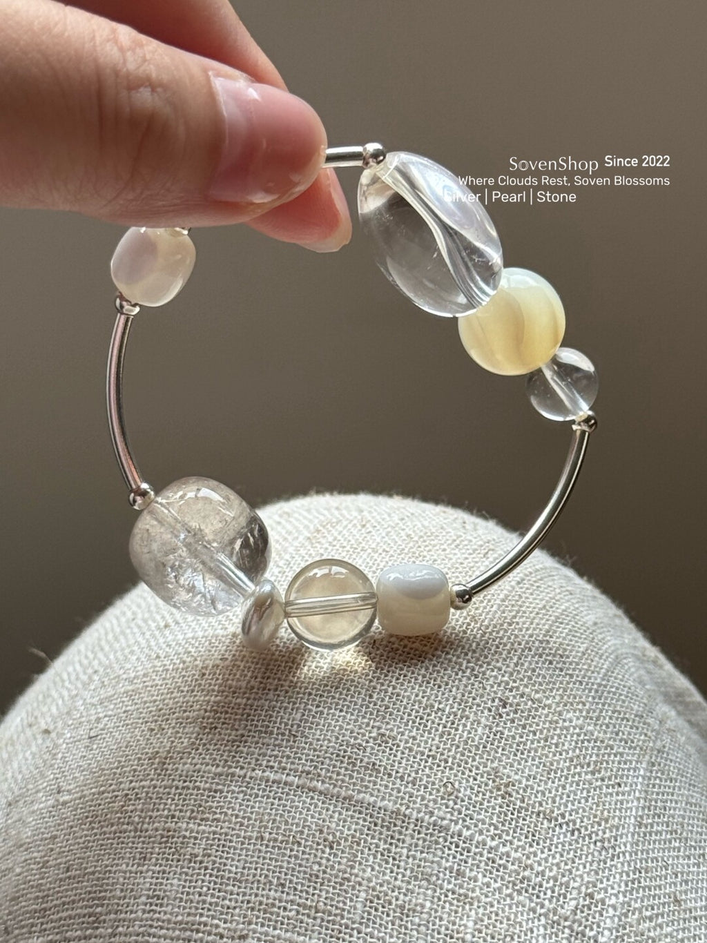Rock Crystal Smoky Quartz Shell Beaded Bracelet,13-14cm,Lumivault.