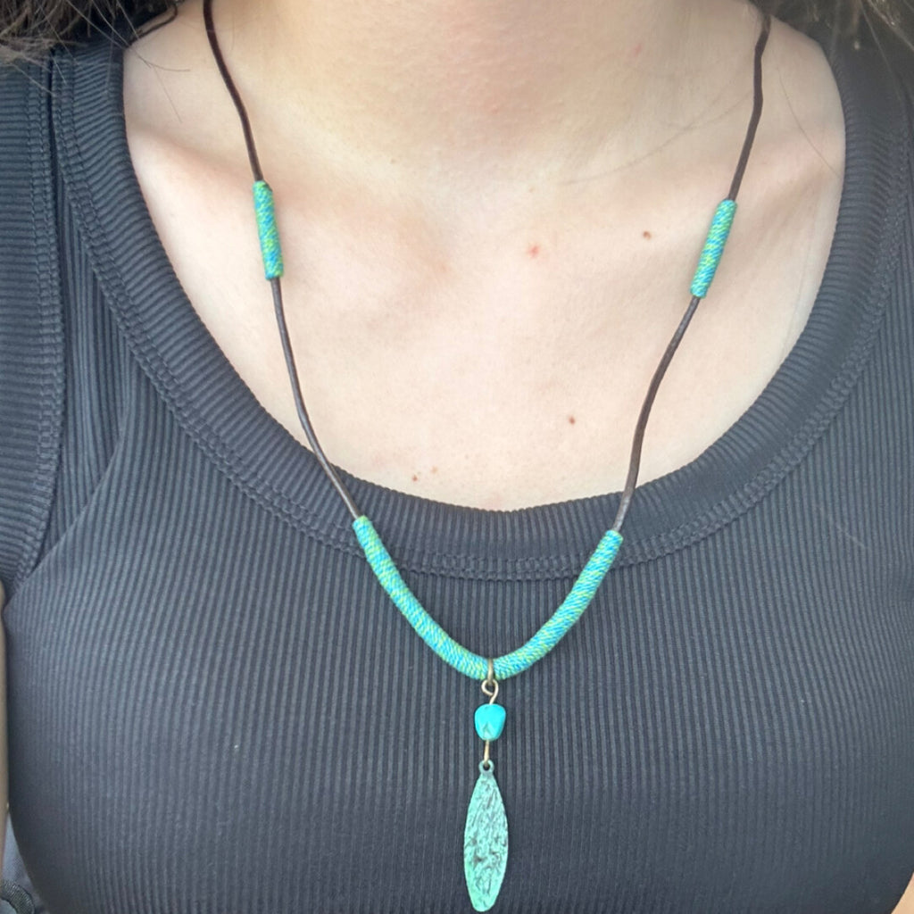 Handmade Patina Leaf Necklace,Cowhide Rope,Lumivault.