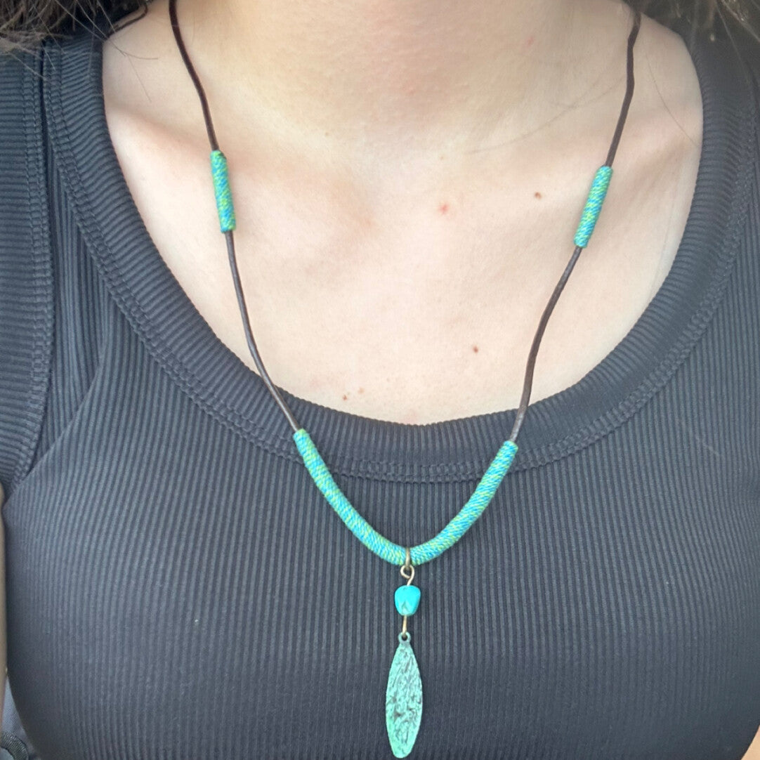 Handmade Patina Leaf Necklace,Cowhide Rope,Lumivault.