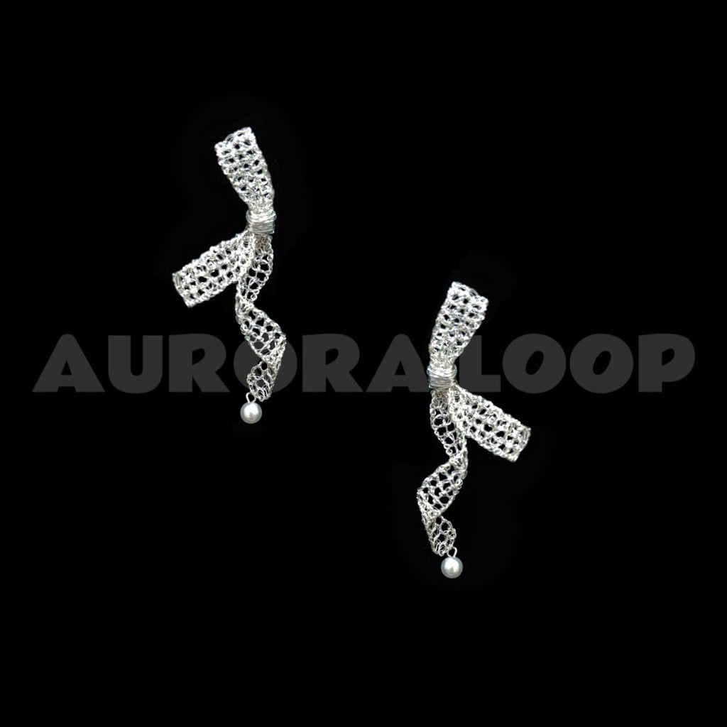 Metal Woven Bow Long Stud Earrings,Lumivault.