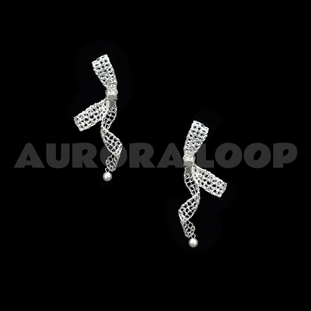 Metal Woven Bow Long Stud Earrings,Lumivault.