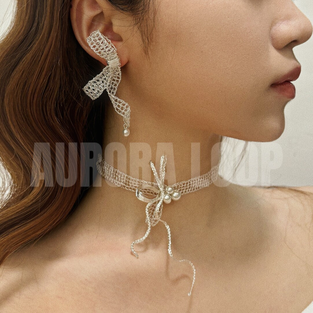 Metal Woven Bow Long Stud Earrings,Lumivault.