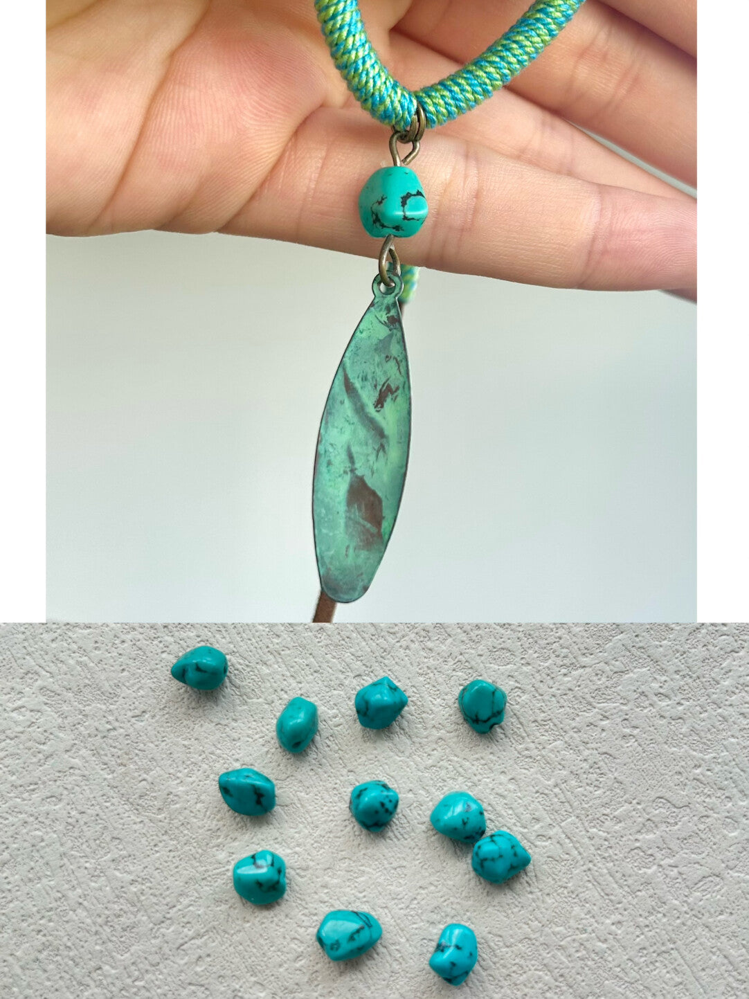 Handmade Patina Leaf Necklace,Raw Turquoise (Suede Rope),Lumivault.