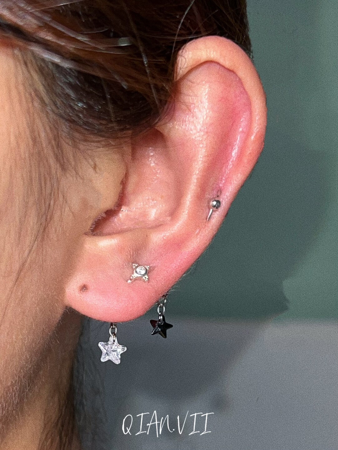 Double Piercing Silver Star Single Earring,Lumivault.
