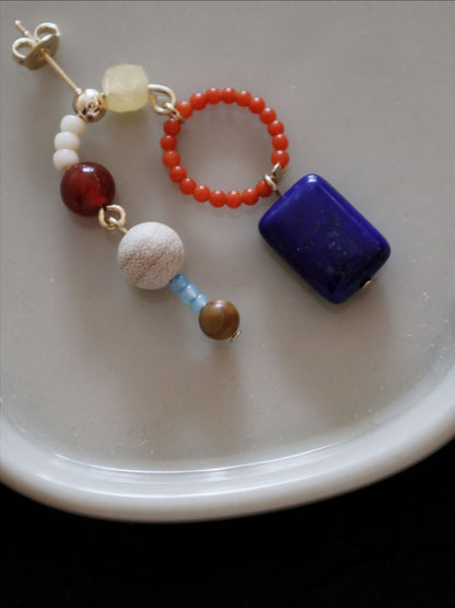 Chinoiserie Red & Blue Asymmetrical Earrings