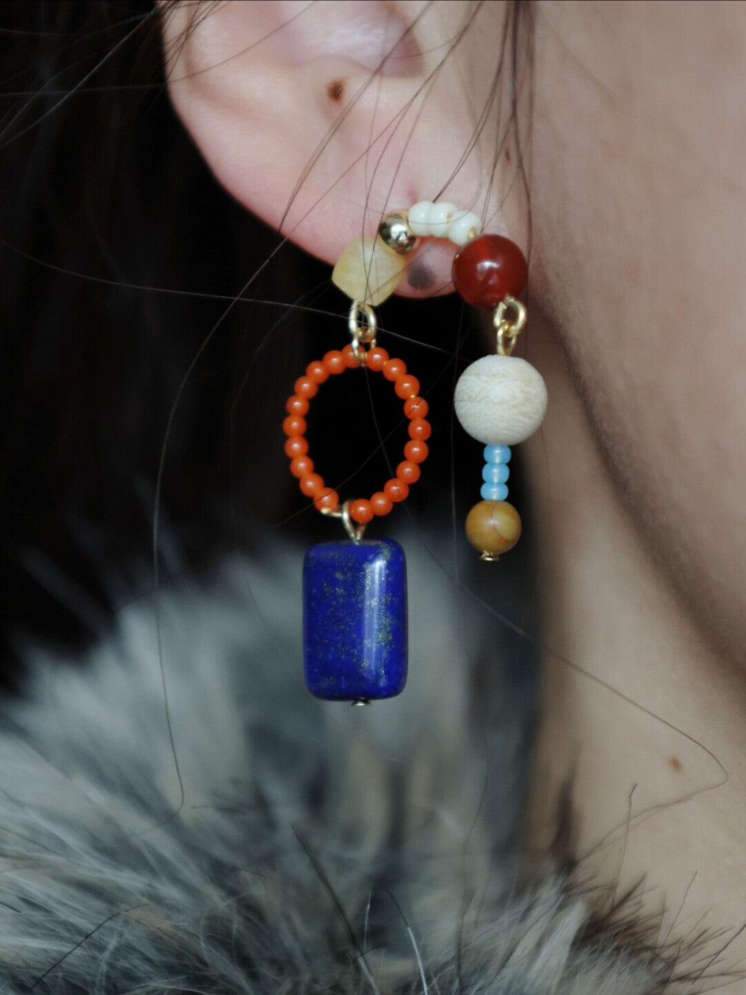 Chinoiserie Red & Blue Asymmetrical Earrings,Studs,Lumivault.