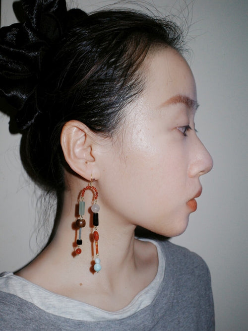 Chinoiserie Dunhuang Asymmetrical Long Earrings,Hooks,Lumivault.