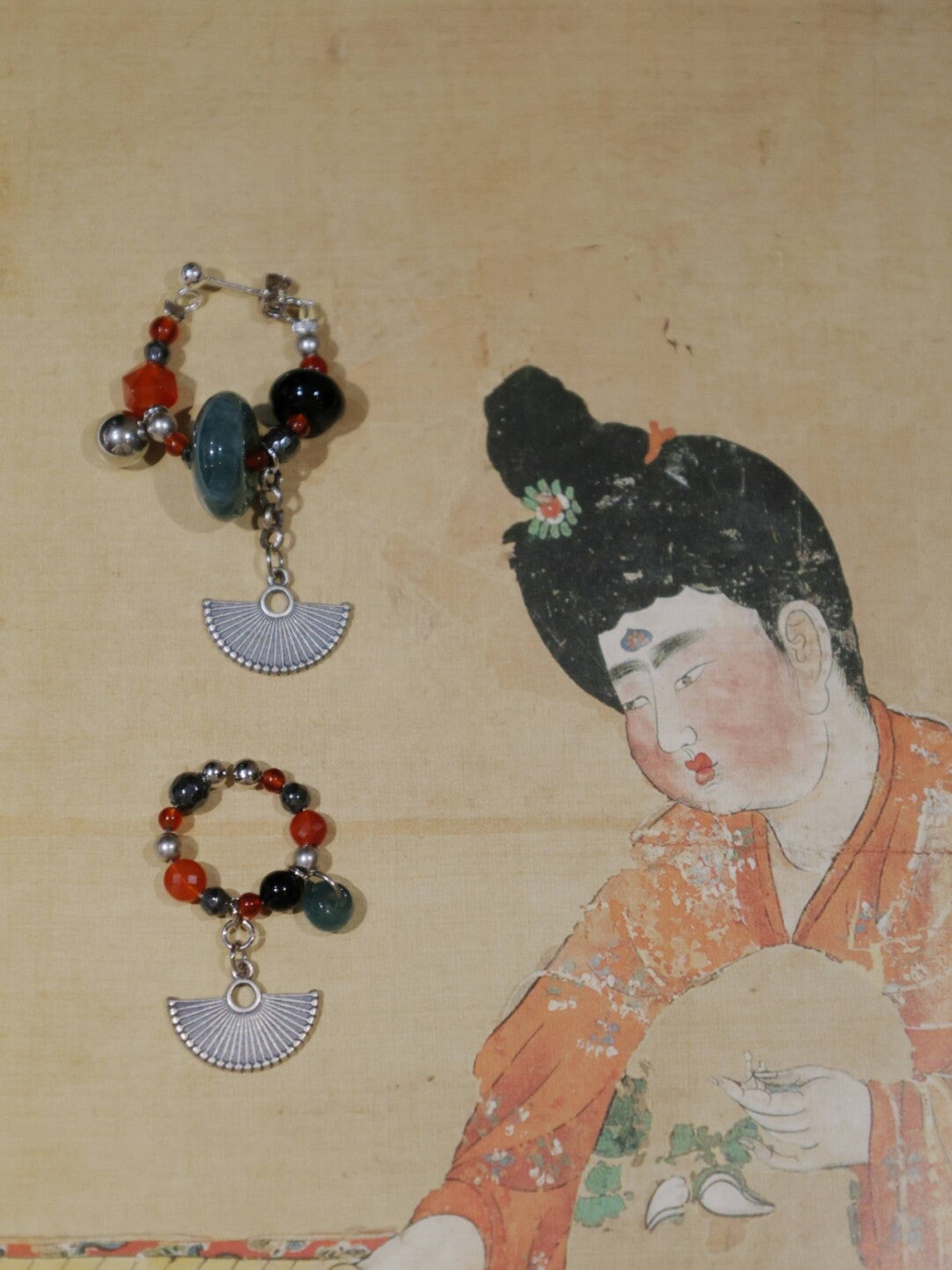 Chinoiserie Fringed Fan Earrings,Stud Earring + Ear Cuff,Lumivault.