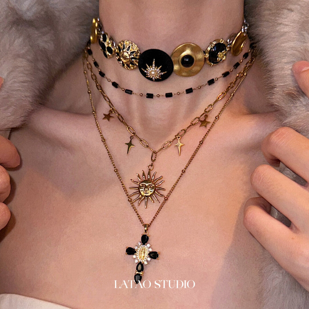 Retro Sunlight Gold Black Layered Necklace,Lumivault.