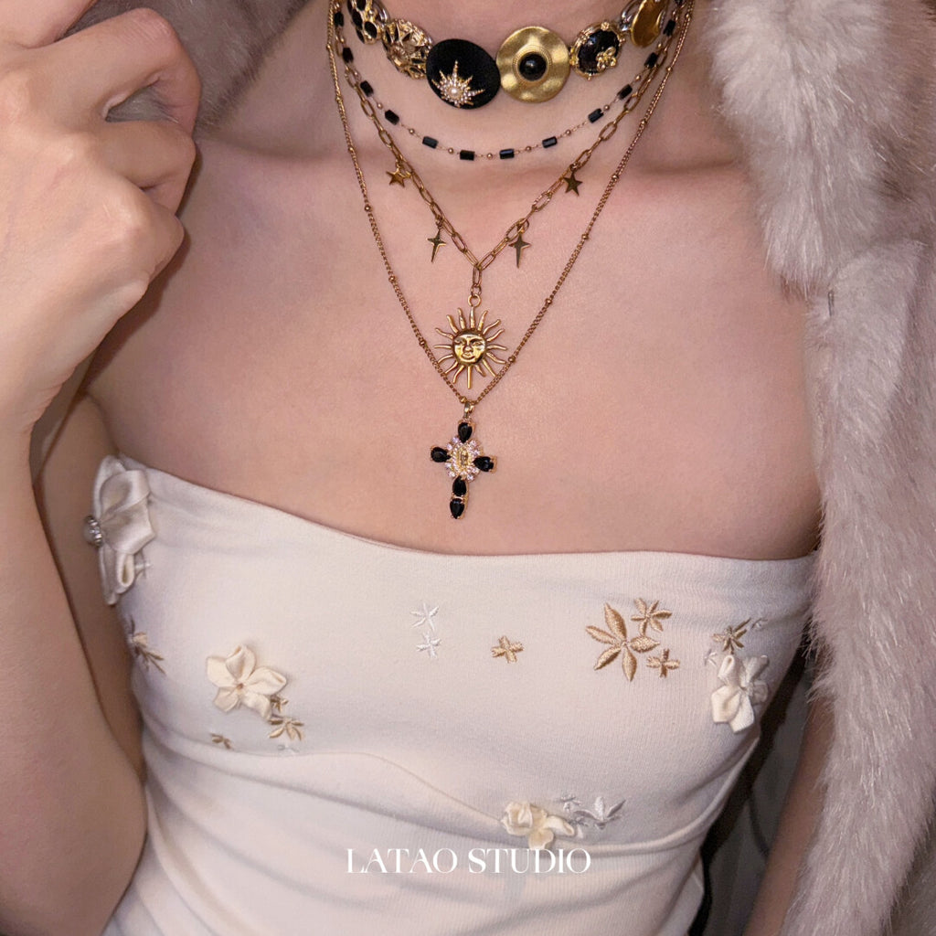 Retro Sunlight Gold Black Layered Necklace,Lumivault.