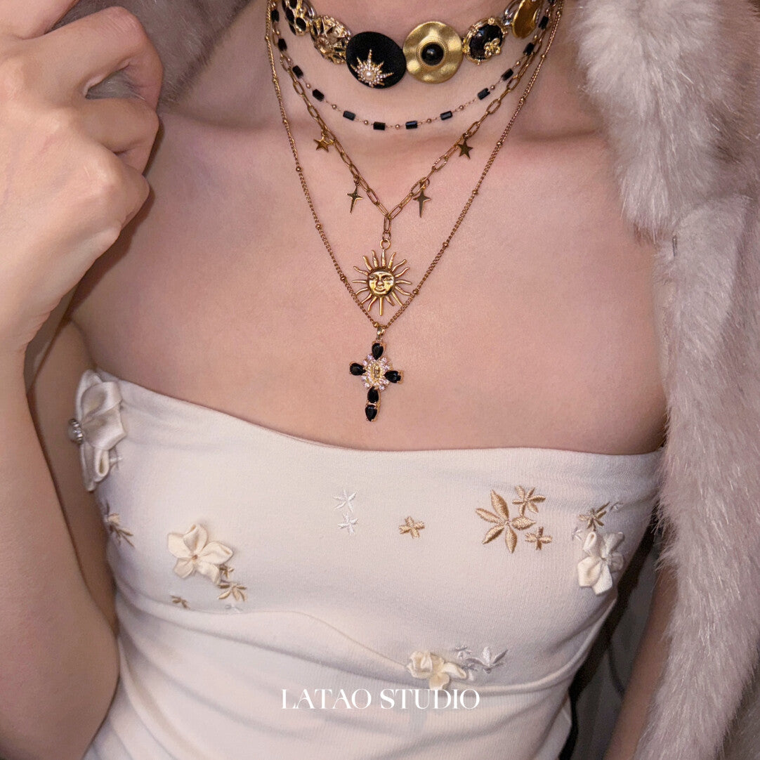Retro Sunlight Gold Black Layered Necklace,Lumivault.