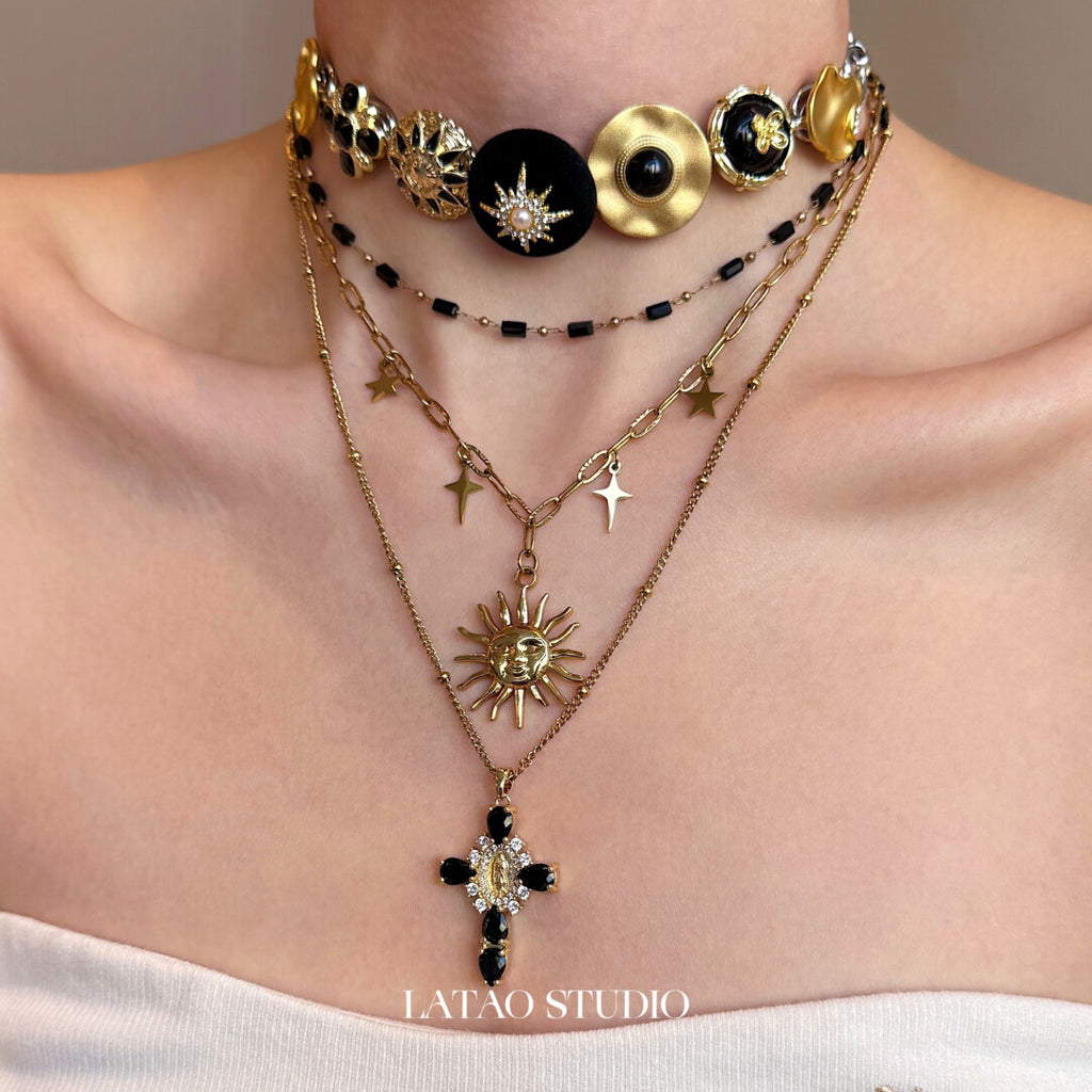 Retro Sunlight Gold Black Layered Necklace,Lumivault.