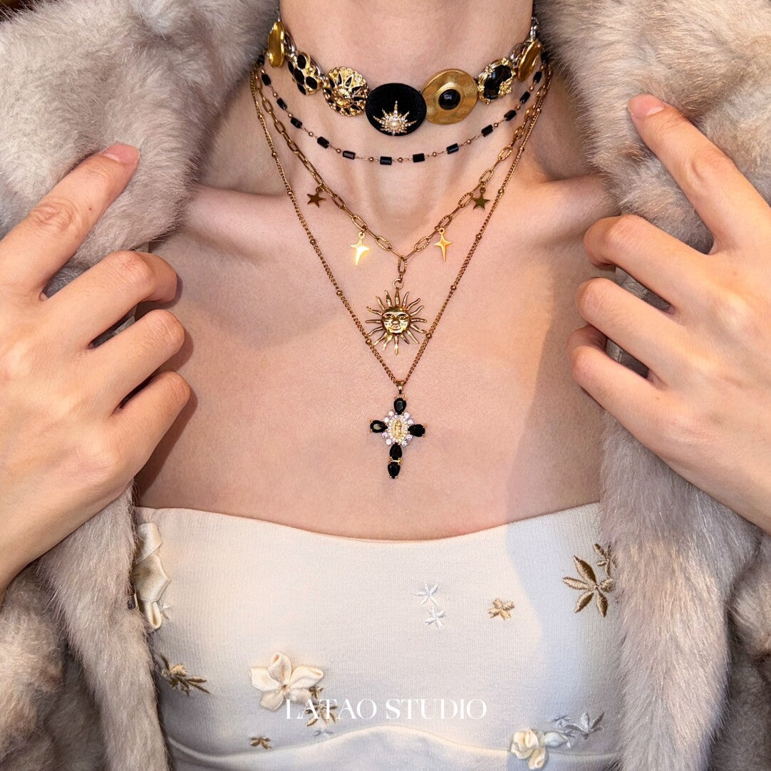 Retro Sunlight Gold Black Layered Necklace,Lumivault.