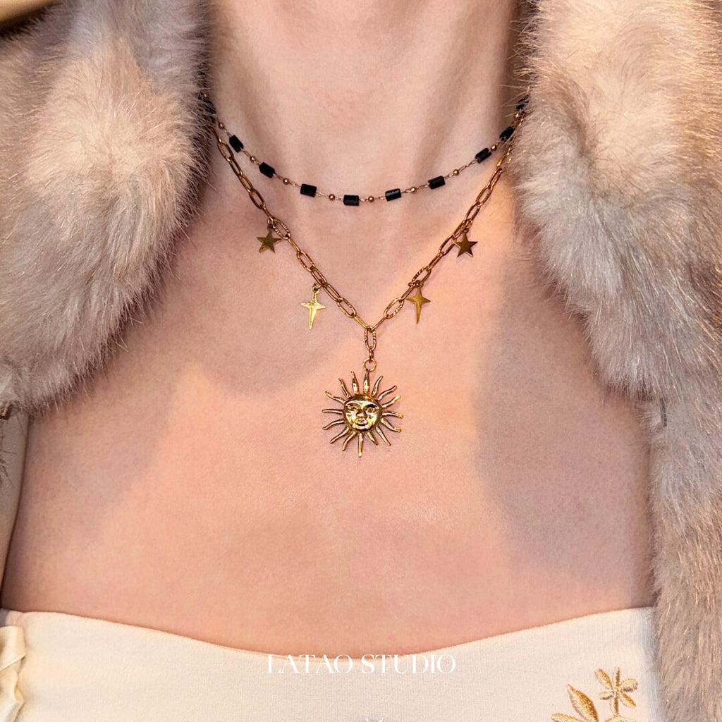 Retro Sunlight Gold Black Layered Necklace,Sun Double Necklace,Lumivault.
