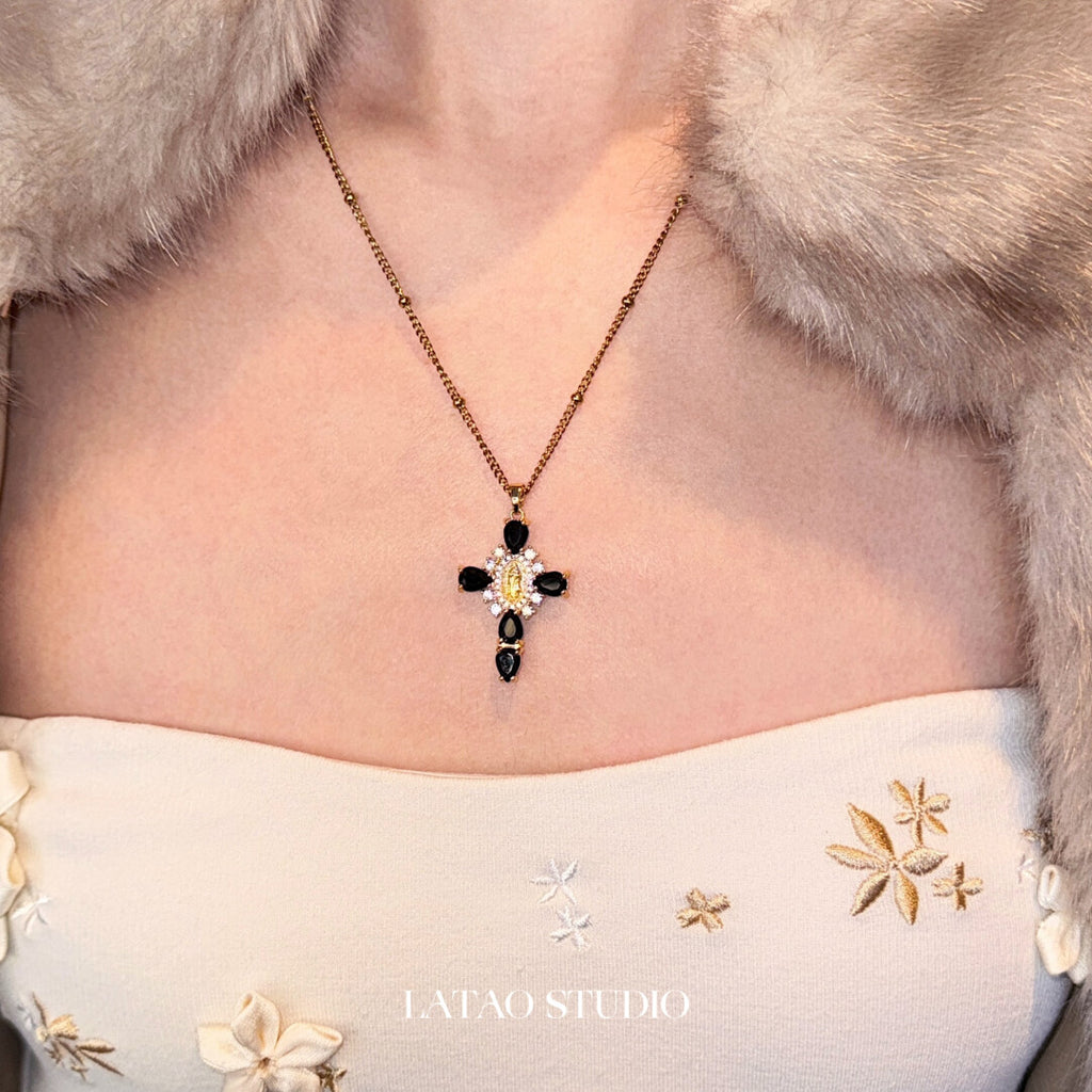 Retro Sunlight Gold Black Layered Necklace,Cross Necklace,Lumivault.
