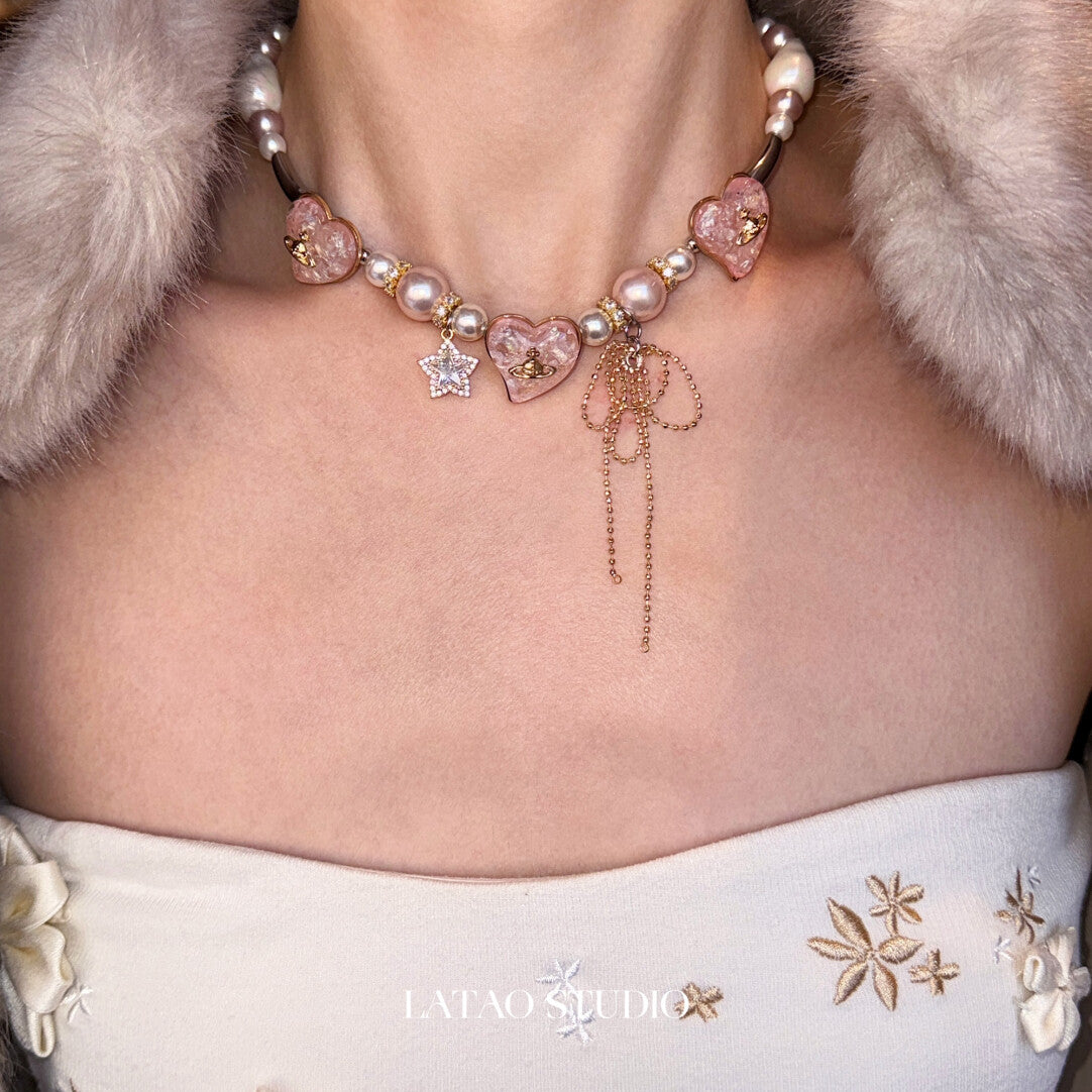 Mary Jane Pink Gold Pearl Sparkling Necklace,Lumivault.