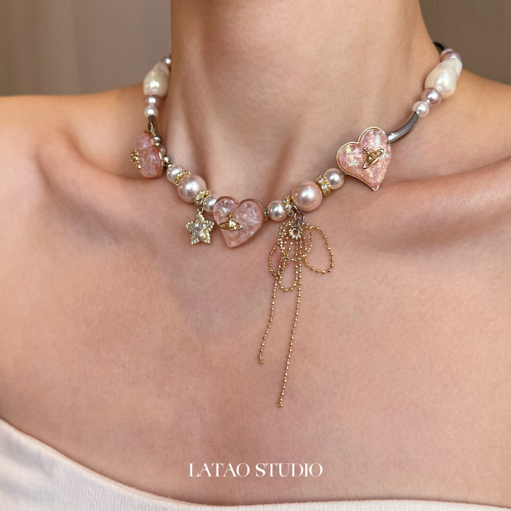 Mary Jane Pink Gold Pearl Sparkling Necklace,Lumivault.
