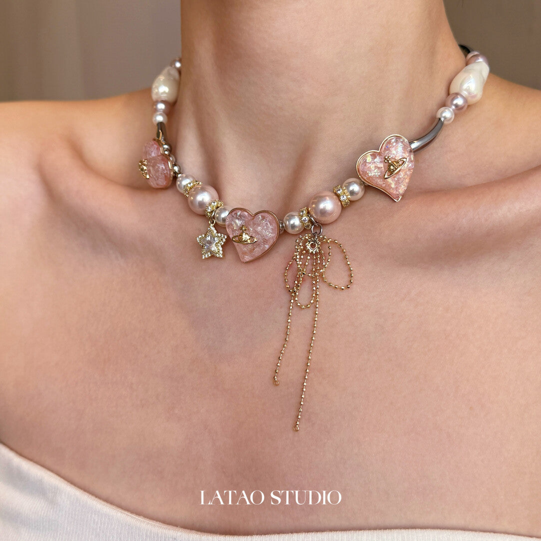 Mary Jane Pink Gold Pearl Sparkling Necklace,Lumivault.