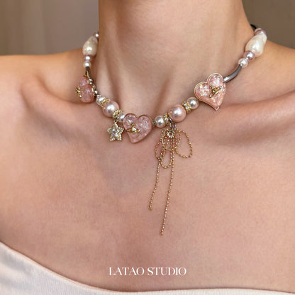 Mary Jane Pink Gold Pearl Sparkling Necklace