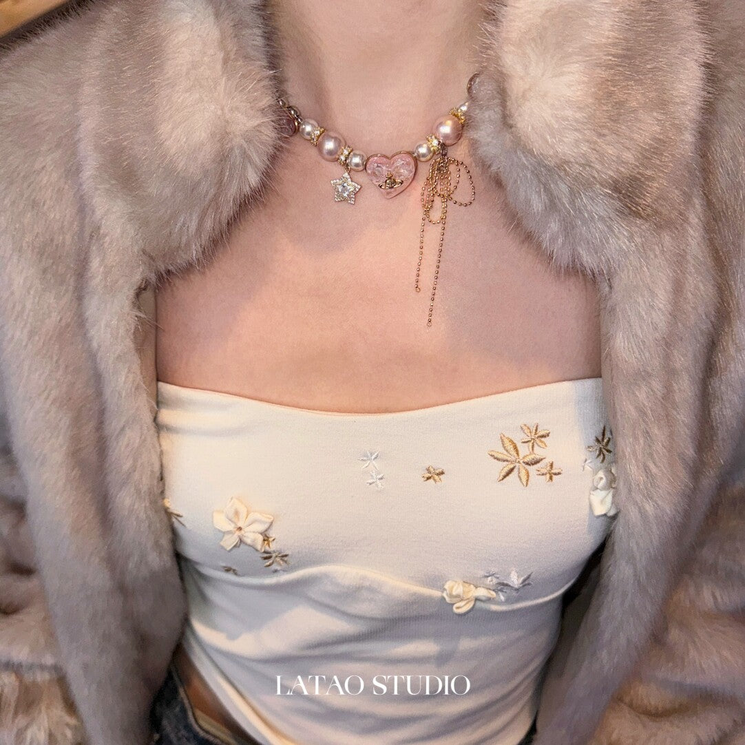 Mary Jane Pink Gold Pearl Sparkling Necklace,Lumivault.