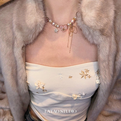 Mary Jane Pink Gold Pearl Sparkling Necklace