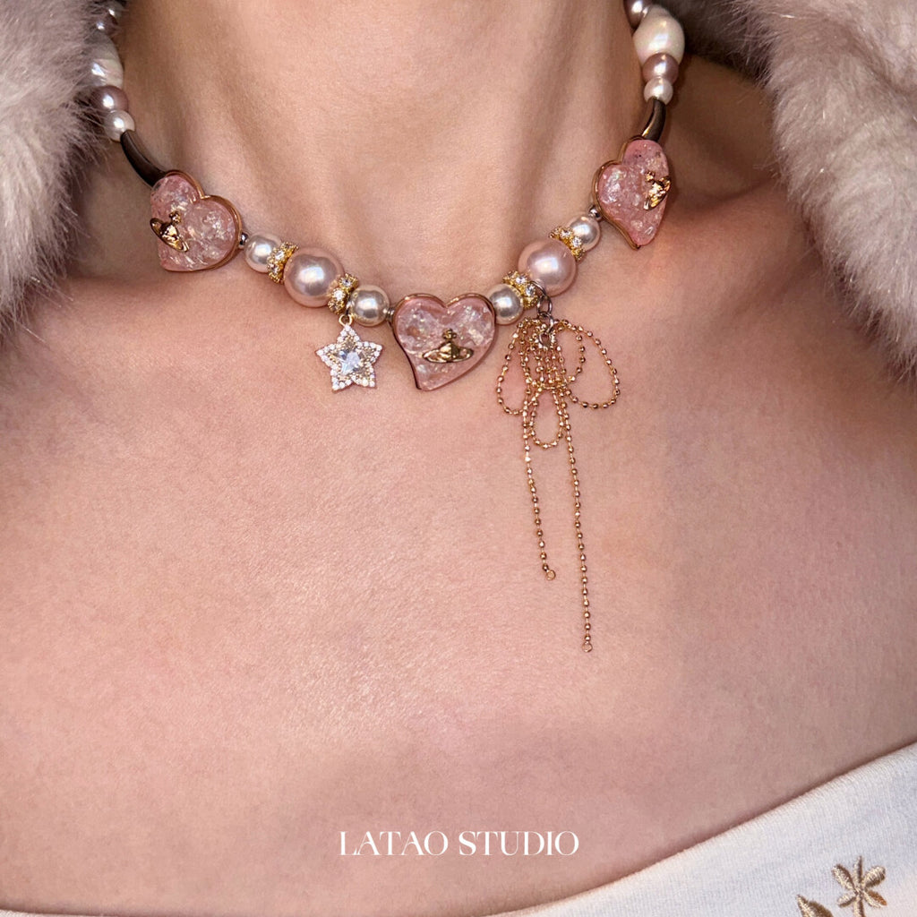 Mary Jane Pink Gold Pearl Sparkling Necklace,Lumivault.
