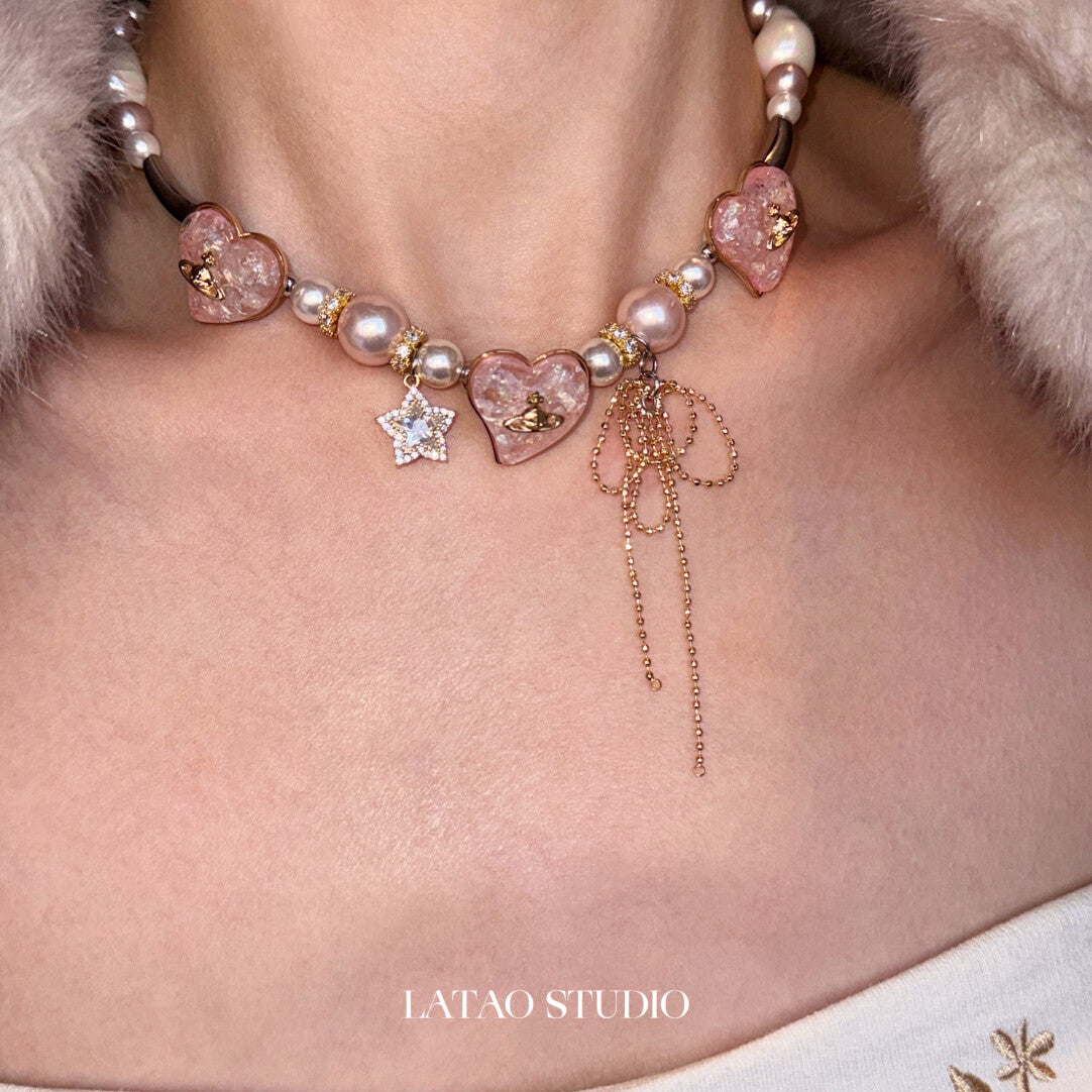 Mary Jane Pink Gold Pearl Sparkling Necklace,Lumivault.