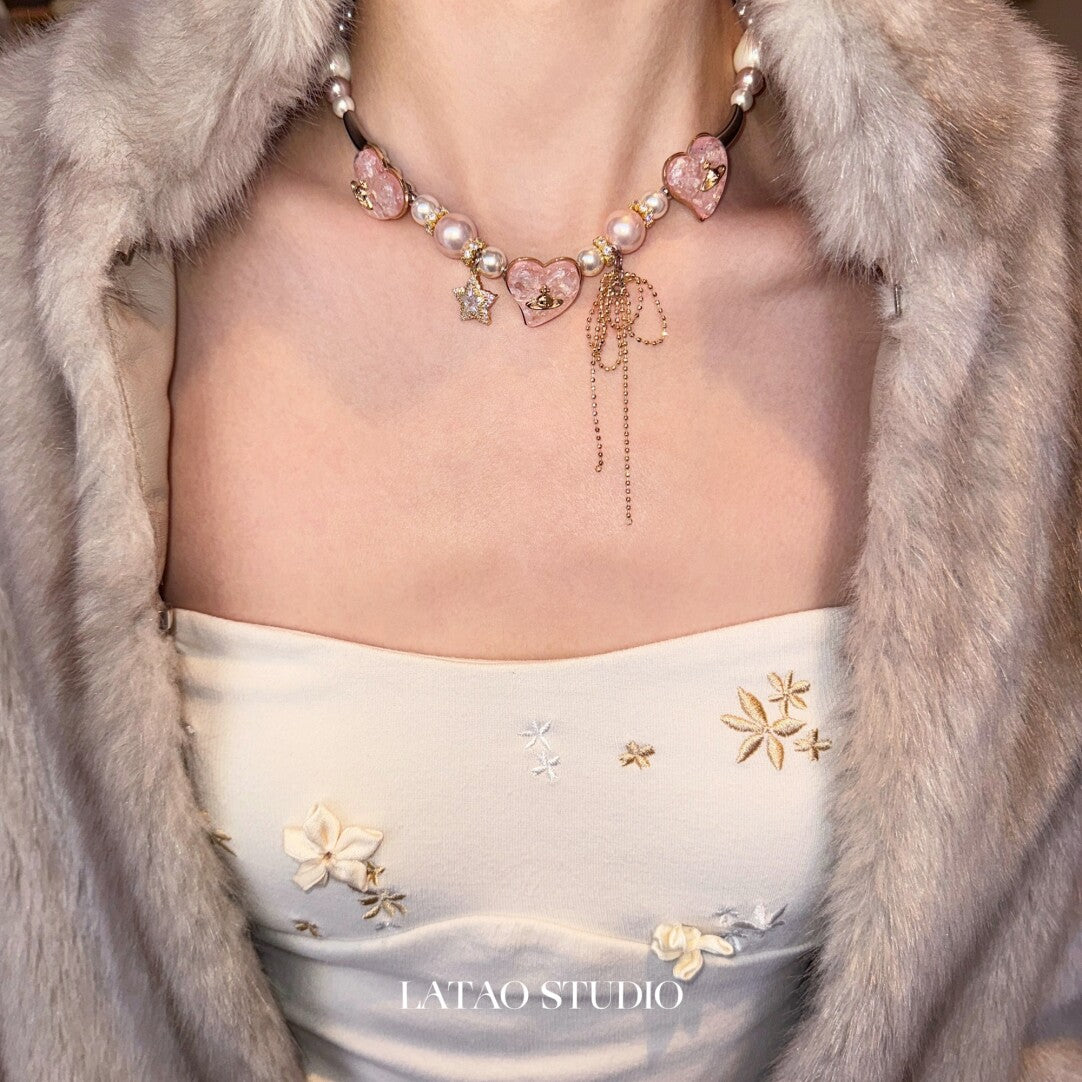 Mary Jane Pink Gold Pearl Sparkling Necklace,Lumivault.