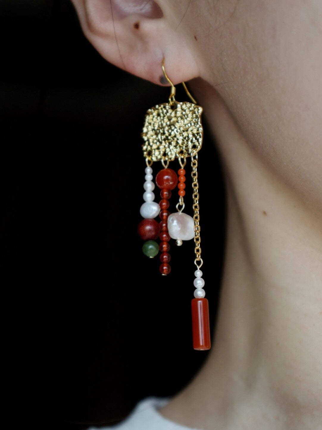 Chinoiserie Red Fringed Earrings,Hooks,Lumivault.
