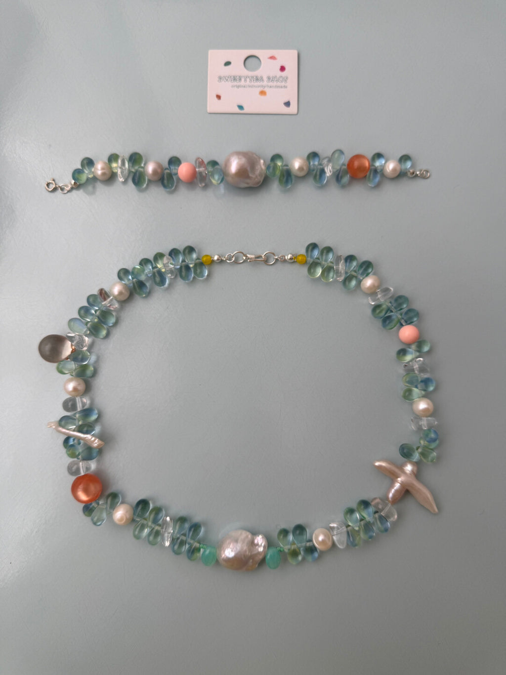 Mint Water Drop Persimmon Beaded Necklace,Lumivault.