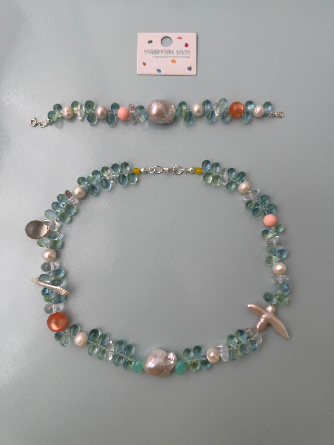 Mint Water Drop Persimmon Beaded Necklace,Lumivault.