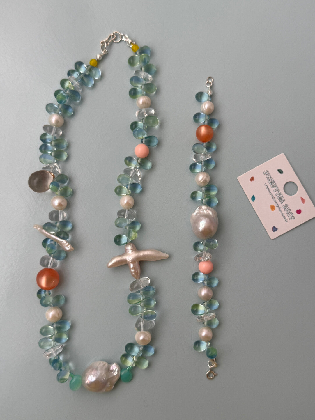 Mint Water Drop Persimmon Beaded Necklace,Lumivault.