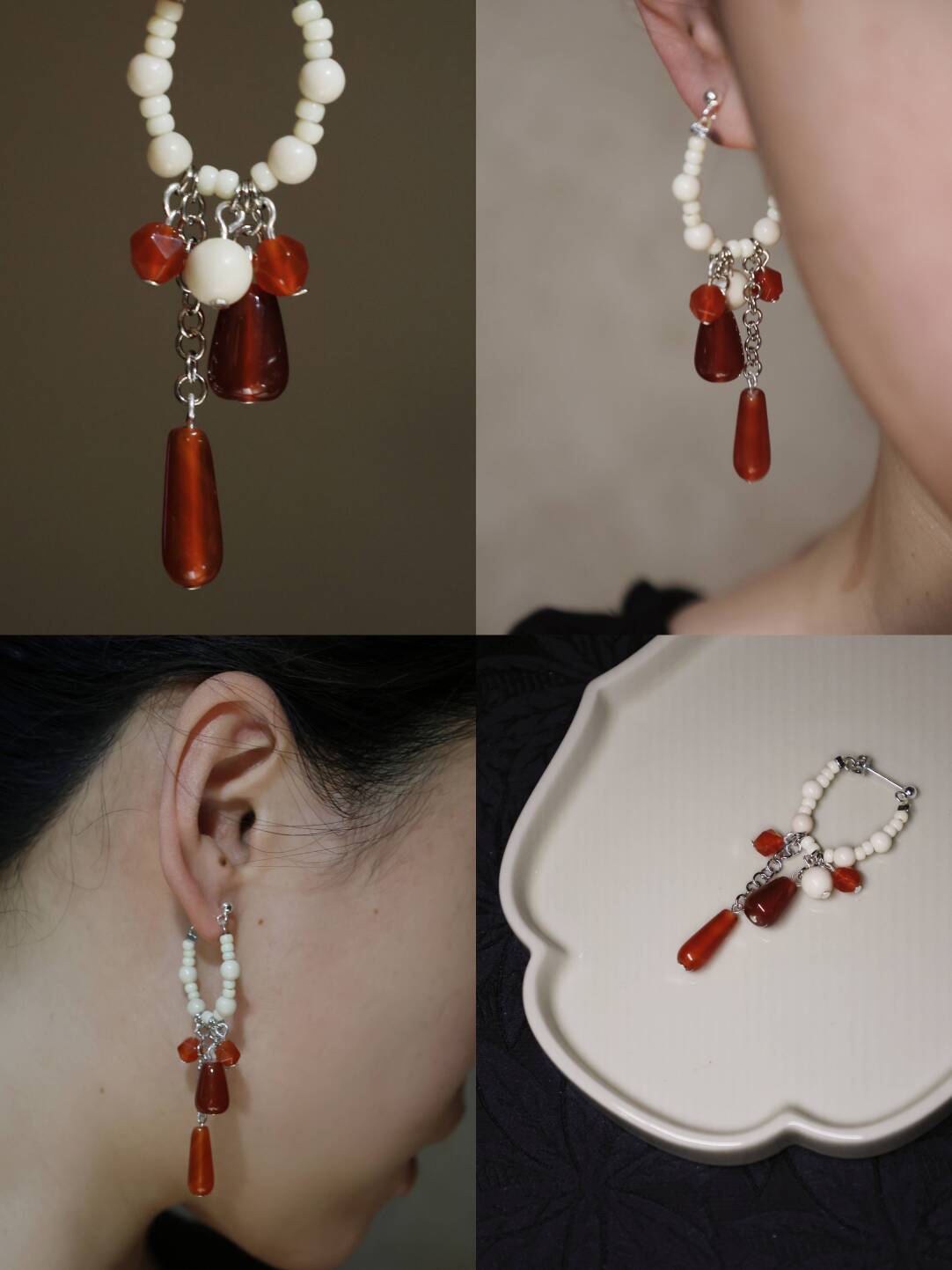 Chinoiserie Red Water Drop Fringed Earrings,Studs,Lumivault.