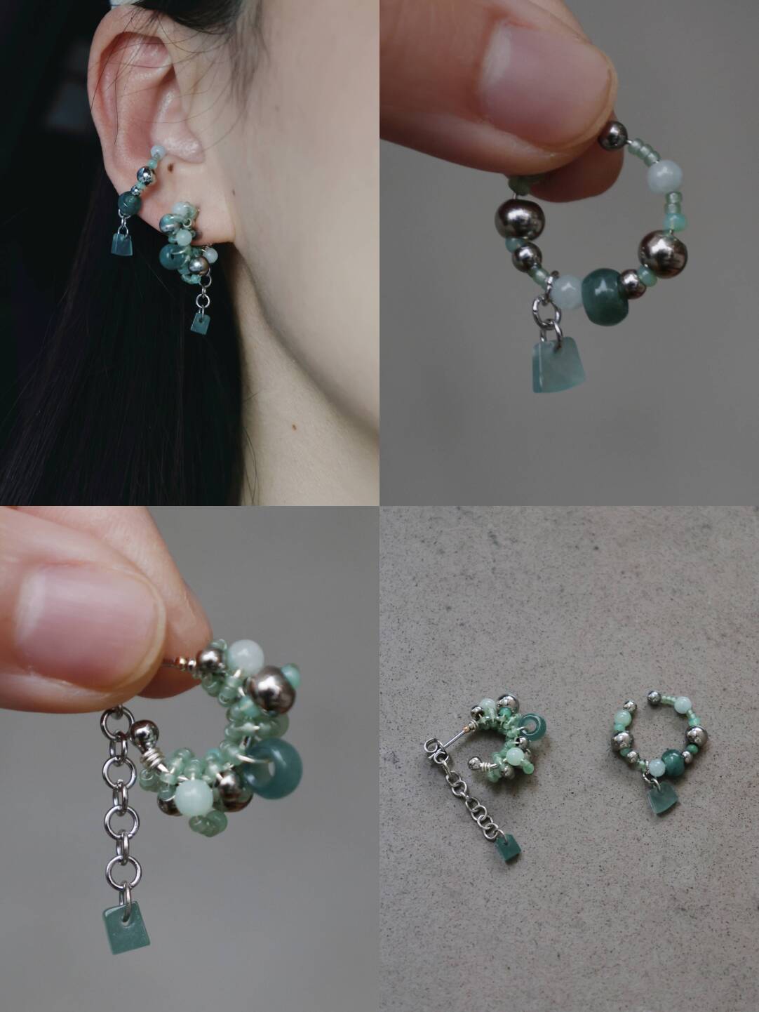 Chinoiserie Cool Green Flower Earrings,Ear Cuff+ Stud,Lumivault.