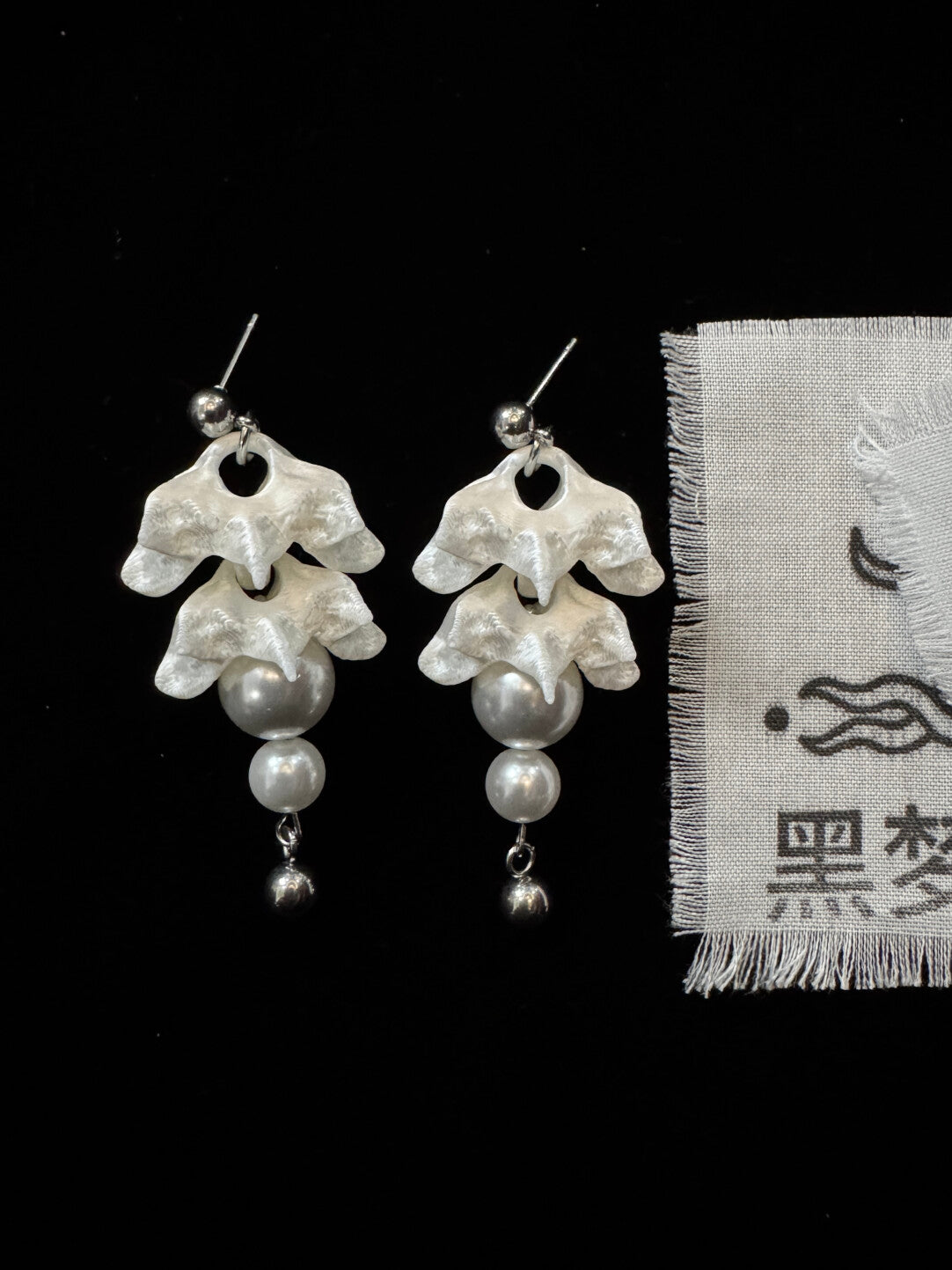 Bone flower Bead Earrings,A Short Pair with Pearl Pendants / Studs,Lumivault.
