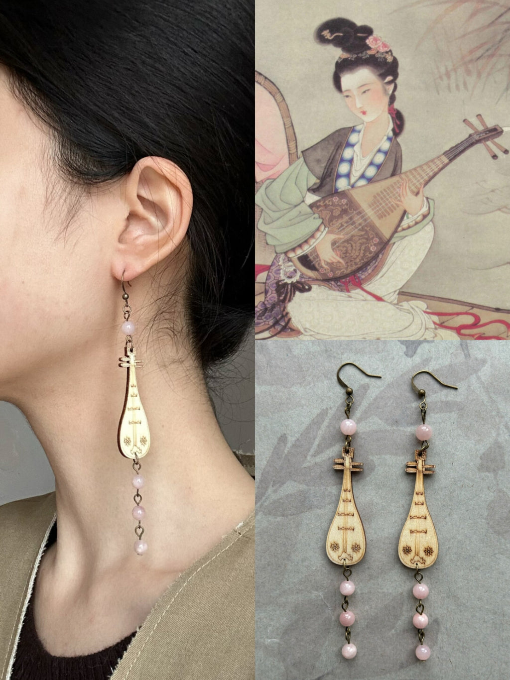 Chinoiserie Wooden Lute Earrings,Lumivault.