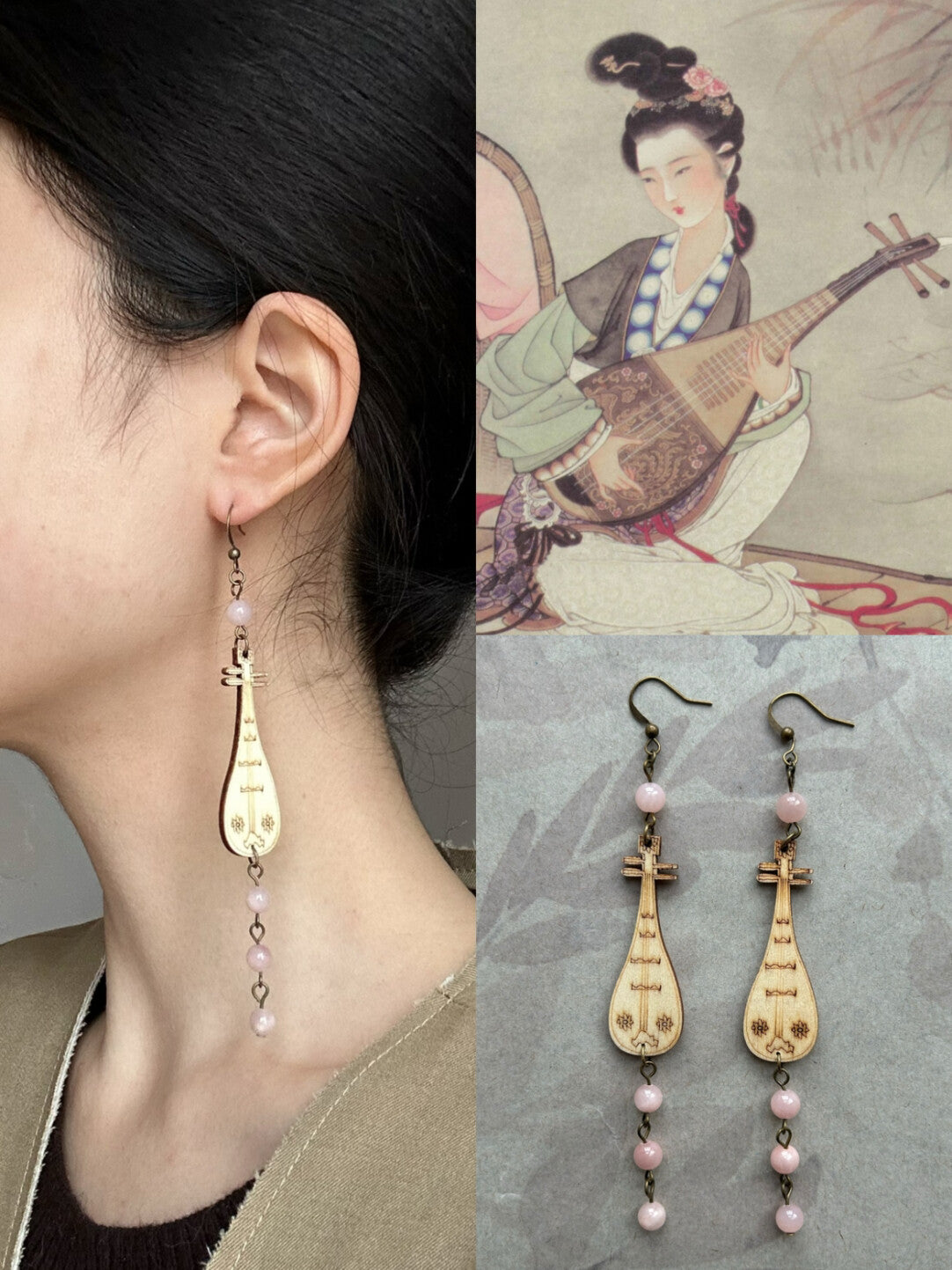 Chinoiserie Wooden Lute Earrings,Lumivault.