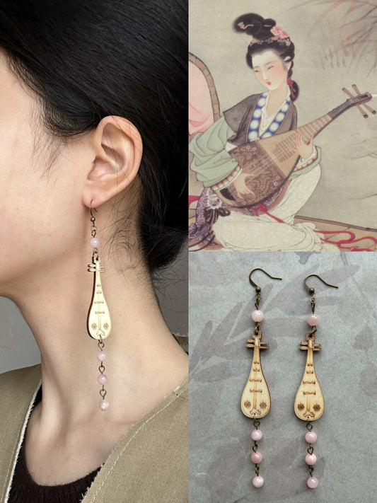 Chinoiserie Wooden Lute Earrings