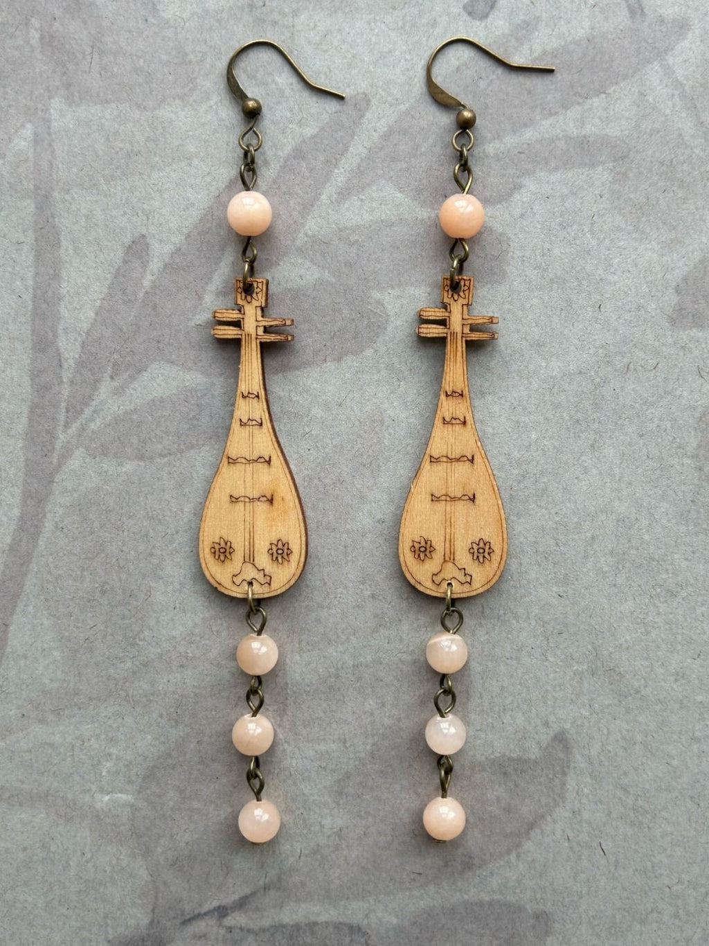 Chinoiserie Wooden Lute Earrings,Orange / Hooks,Lumivault.