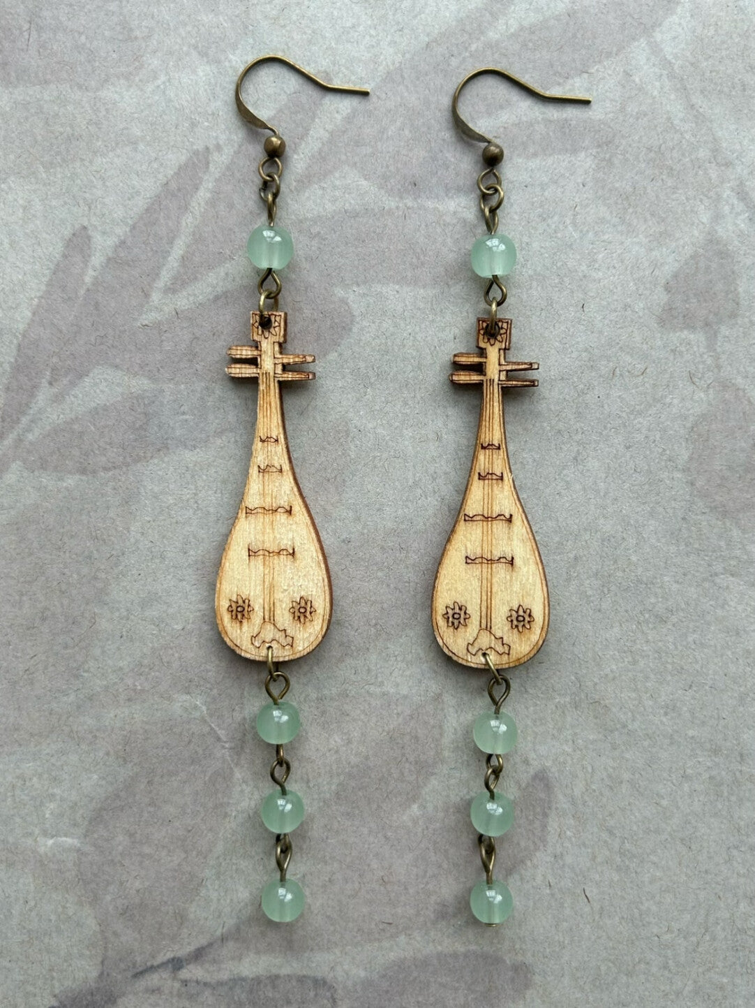 Chinoiserie Wooden Lute Earrings,Green / Hooks,Lumivault.