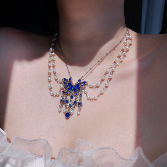 Blue Butterfly Glass Pearl Layered Necklace - Lumivault