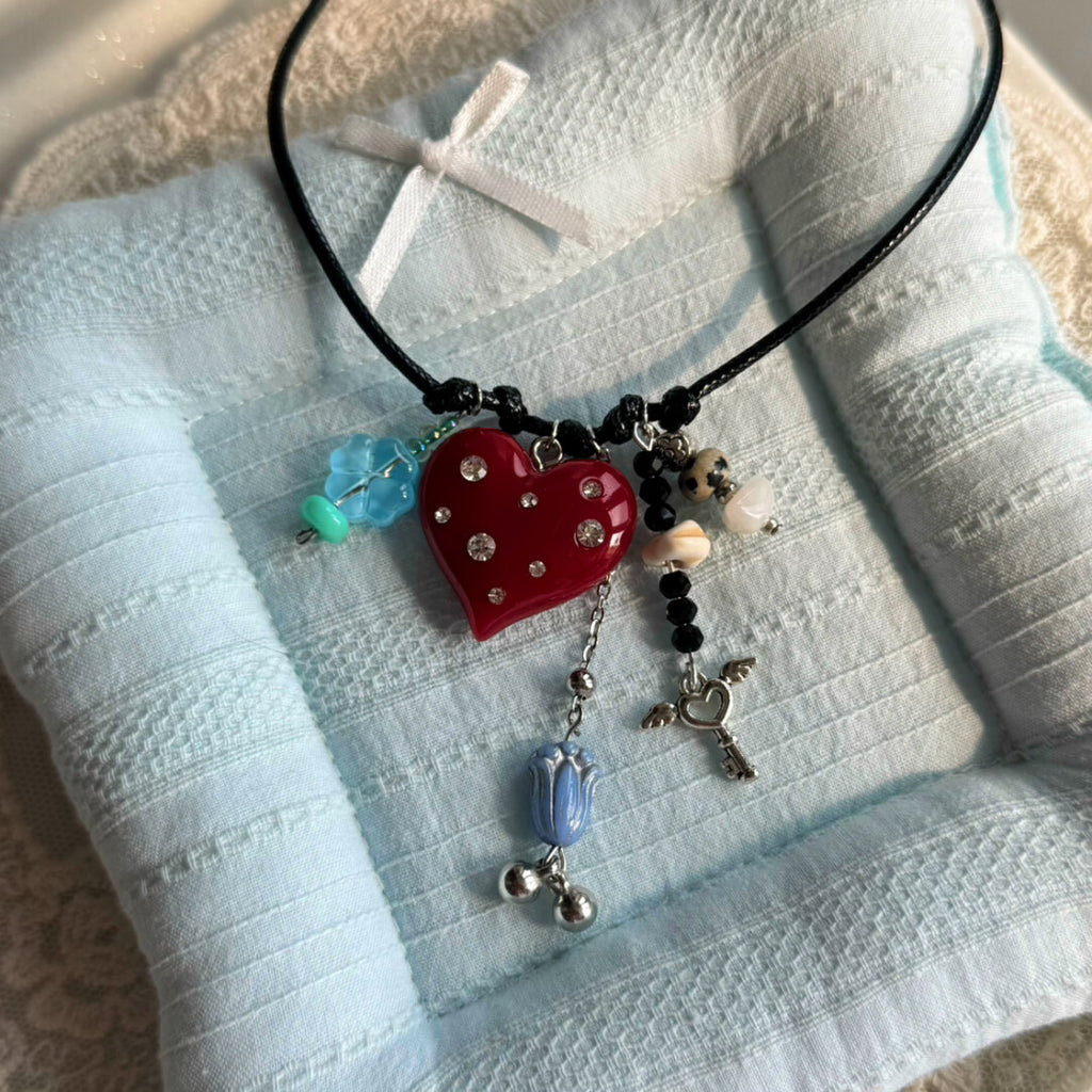 Gemini Beaded Necklace,Red Heart Black Rope,Lumivault.