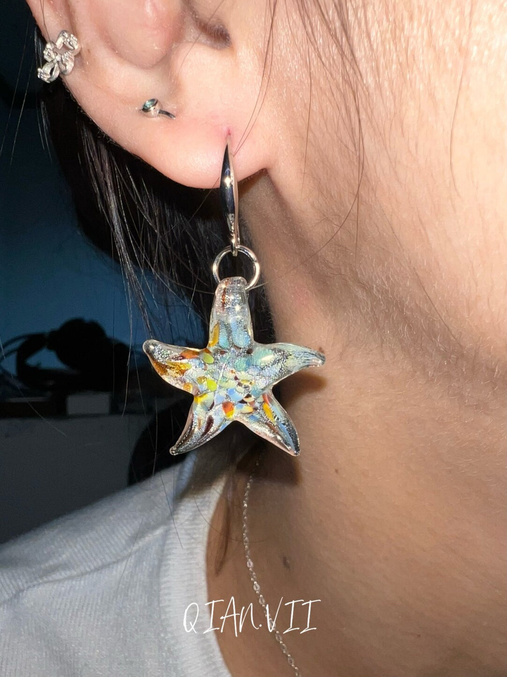 Glazed Starfish Necklace Earrings,A Pair of Silver Ear Hooks / Blue Starfish,Lumivault.